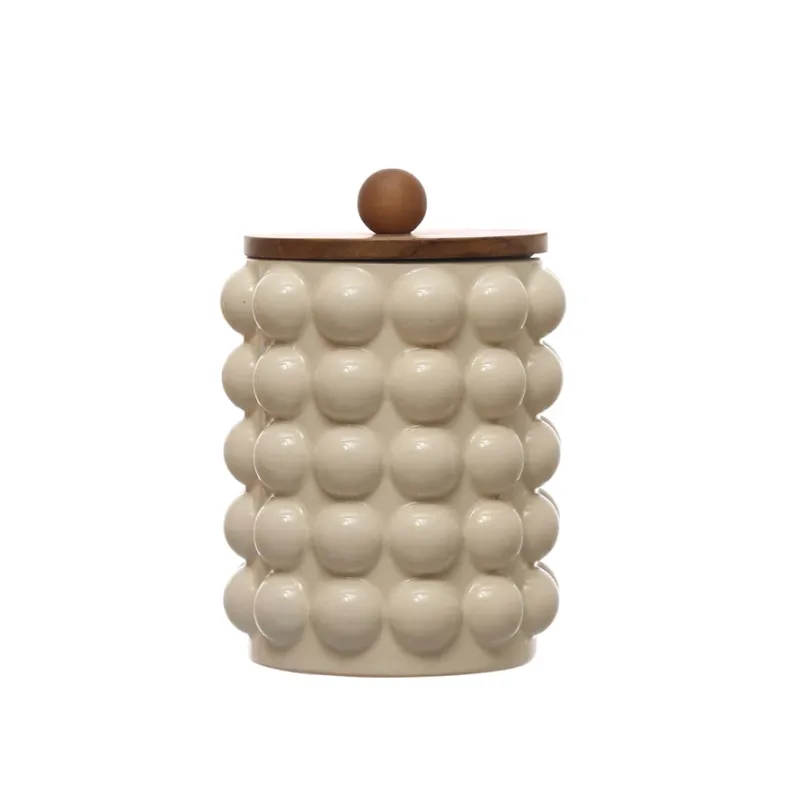 Stoneware Bubble Canister With Cream Glaze And Wood Lid 8-1/4" H