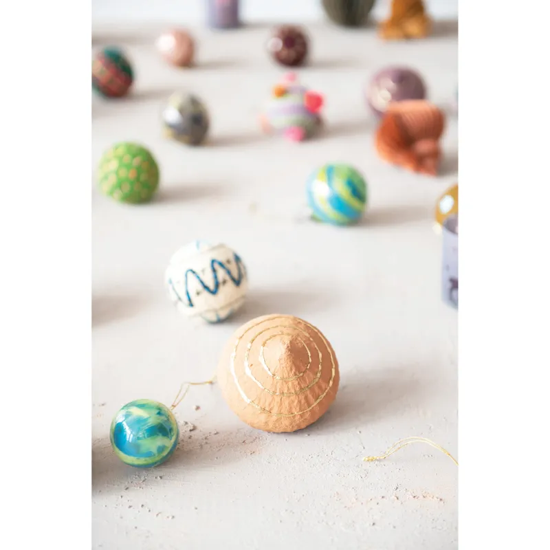 Handmade Paper Mache Ornament With Gold Stripes In Sage 3.5" Final Sale