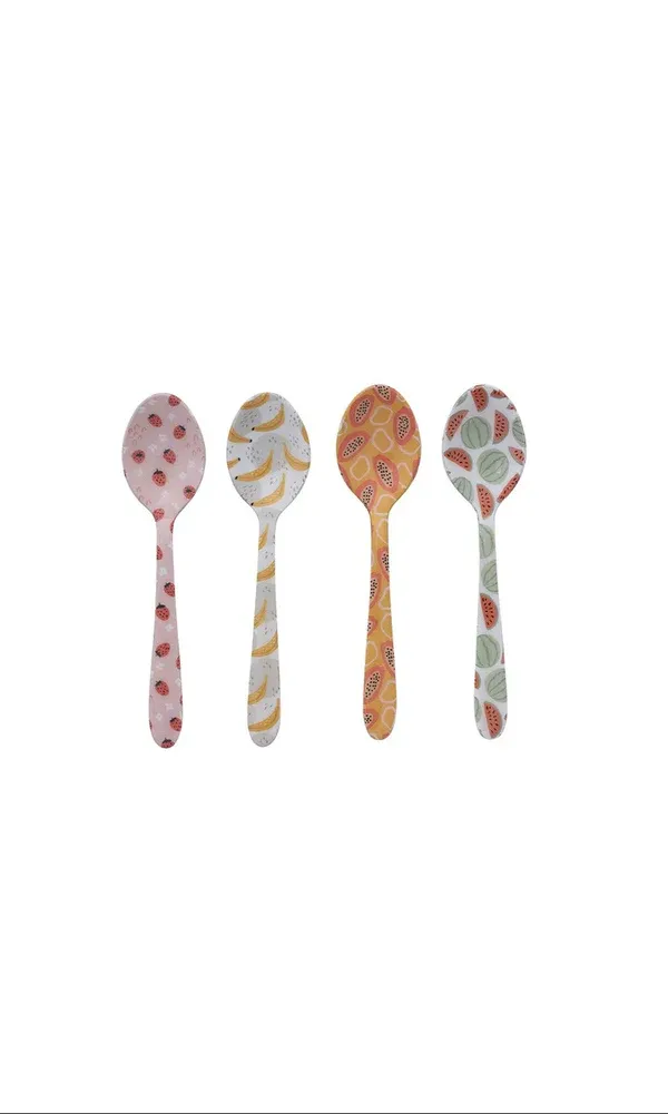 Set Of 4 Enameled Stainless Steel Spoons With Fruit Patterns