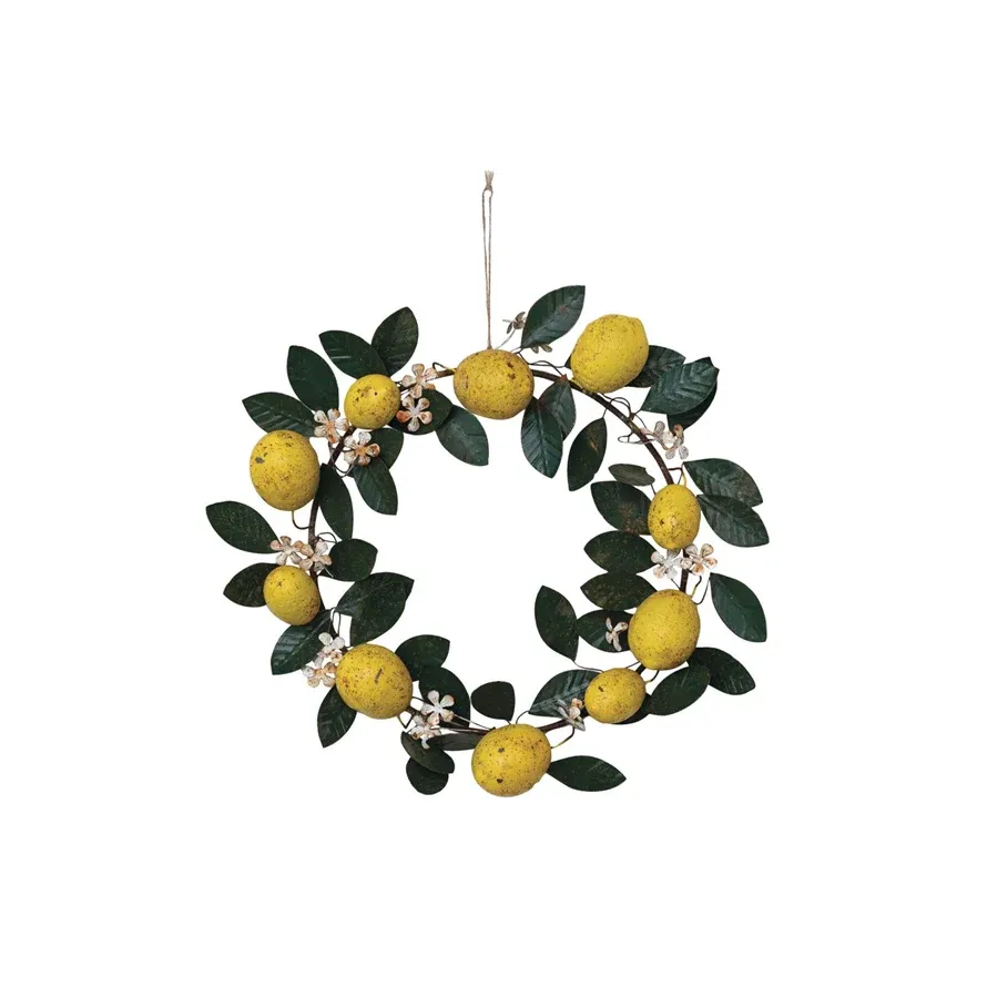 Handpainted Metal Wreath With Lemons &amp; Leaves 16" Rnd Final Sale