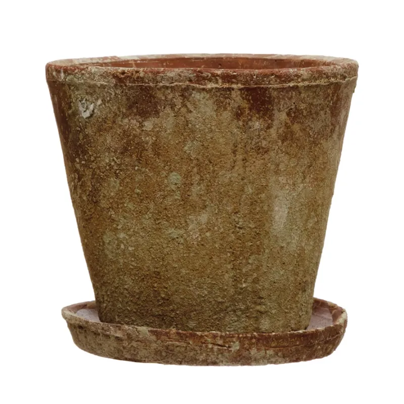 Round 9-1/2" Distressed Terracotta Cement Planter With Saucer