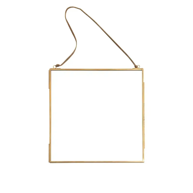 Glass &amp; Brass Metal Wall Hanging Picture Frame With Brown Suede Handle 15" x 15"