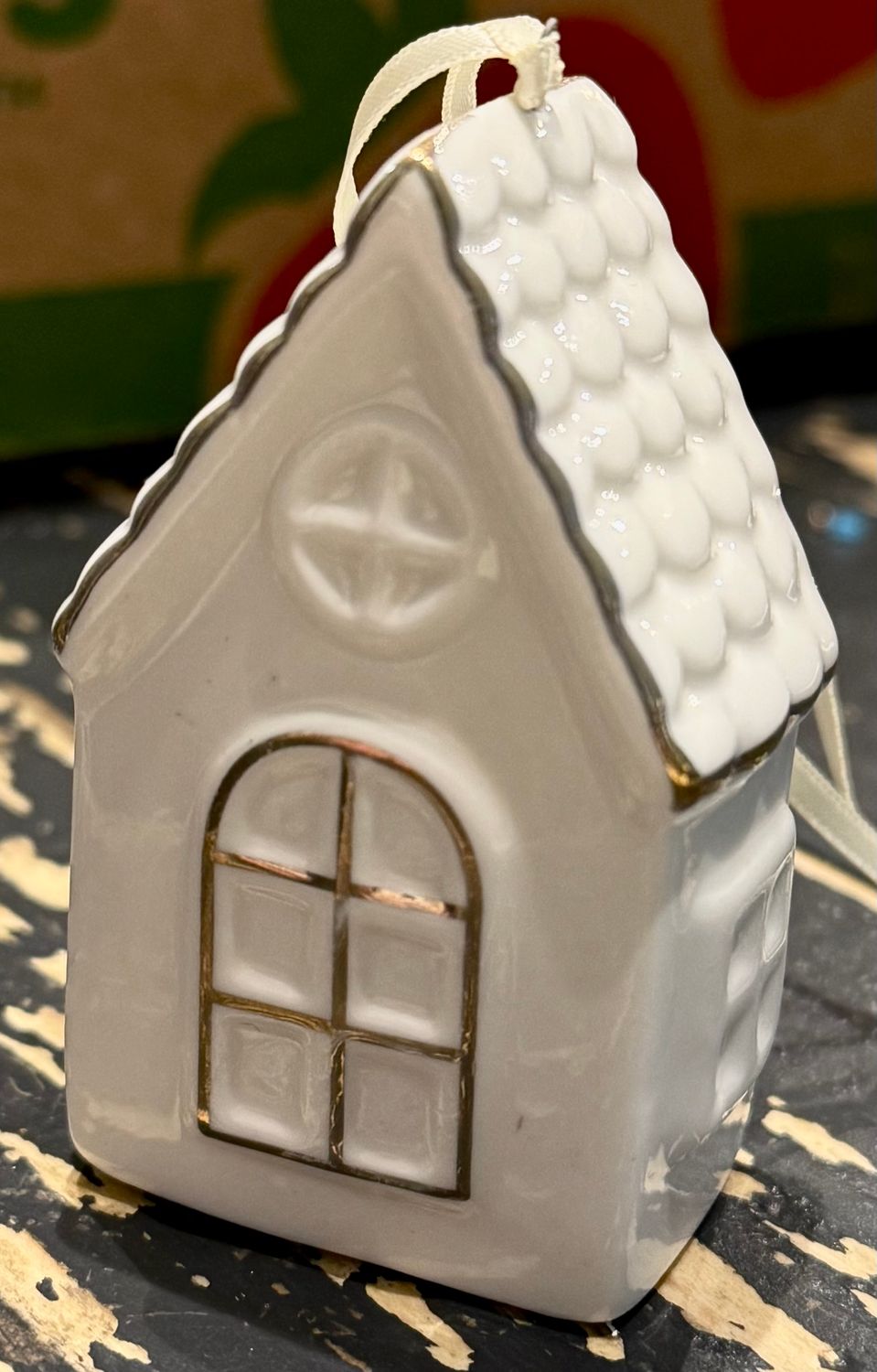 Ceramic White House With Gold Trim &amp; Scallopedroof Ornament Final Sale