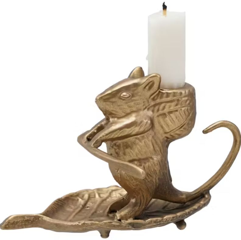Cast Metal Taper Holder With Mouse On Leaf 3-1/4"