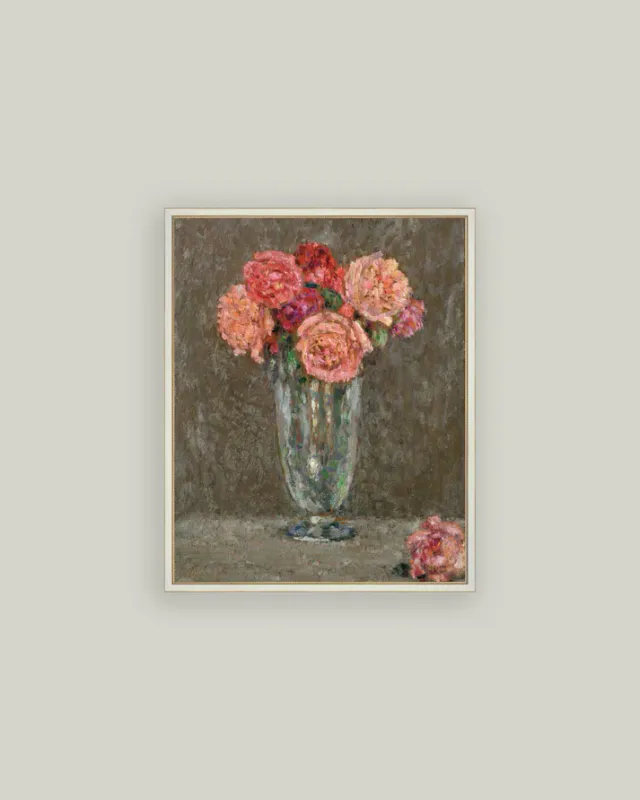 Antique Art Framed Glass Vase With Roses 17x21