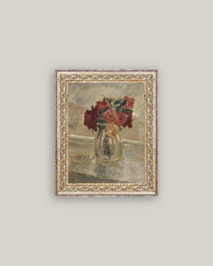 Antique Art Framed Valentine Rose Vase 8x10