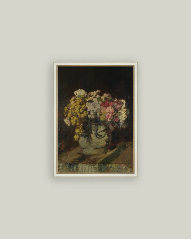 Antique Art Framed Vase Of Pink &amp; Yellow Flowers 11x15