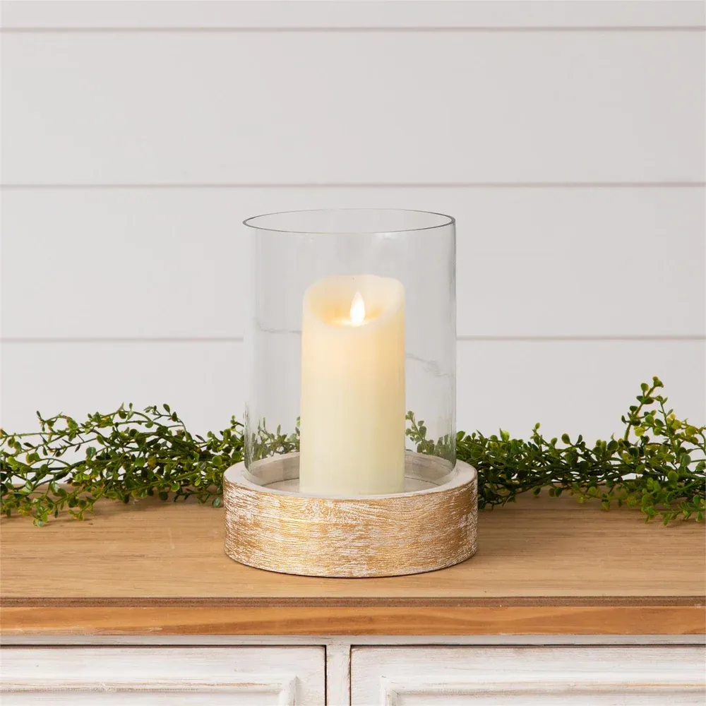 Two Piece Whitewashed Wood Base With Glass Cylinder