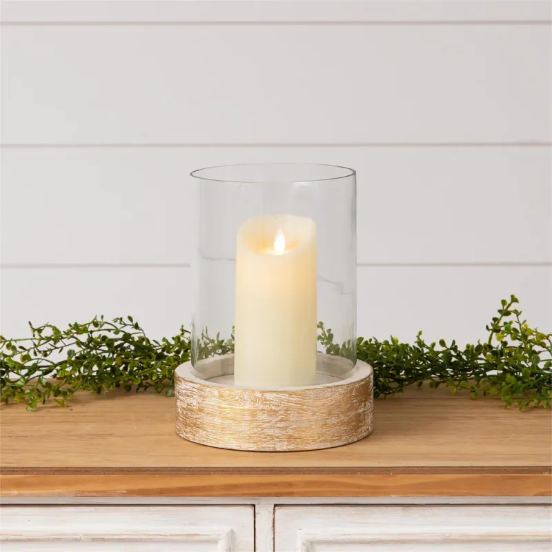 Two Piece Whitewashed Wood Base With Glass Cylinder