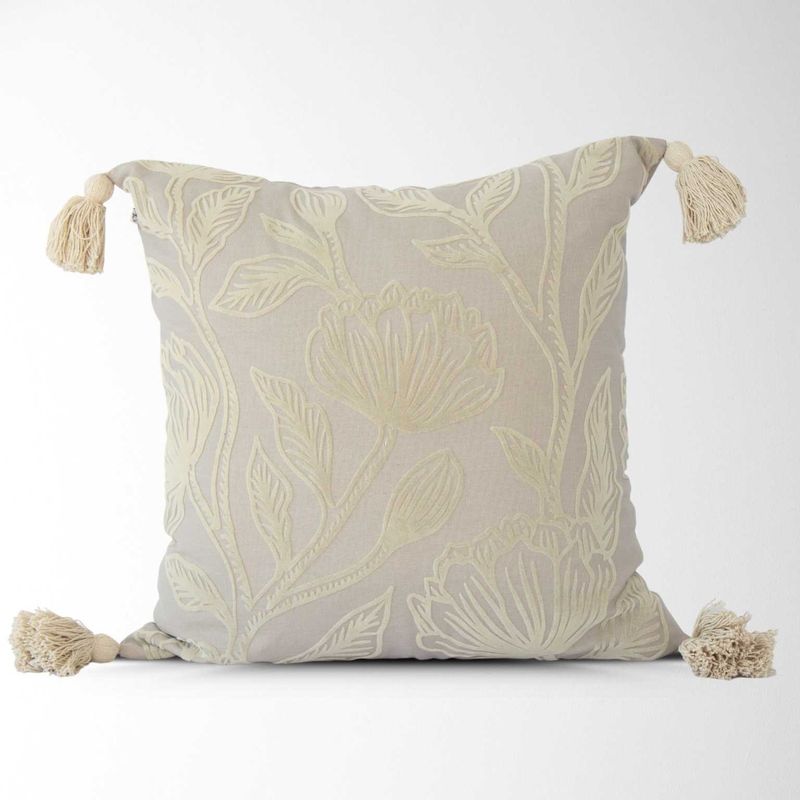 Diana Vintage Floral Embroidered Pillow Cover/With Insert In Oyster 20"x20"