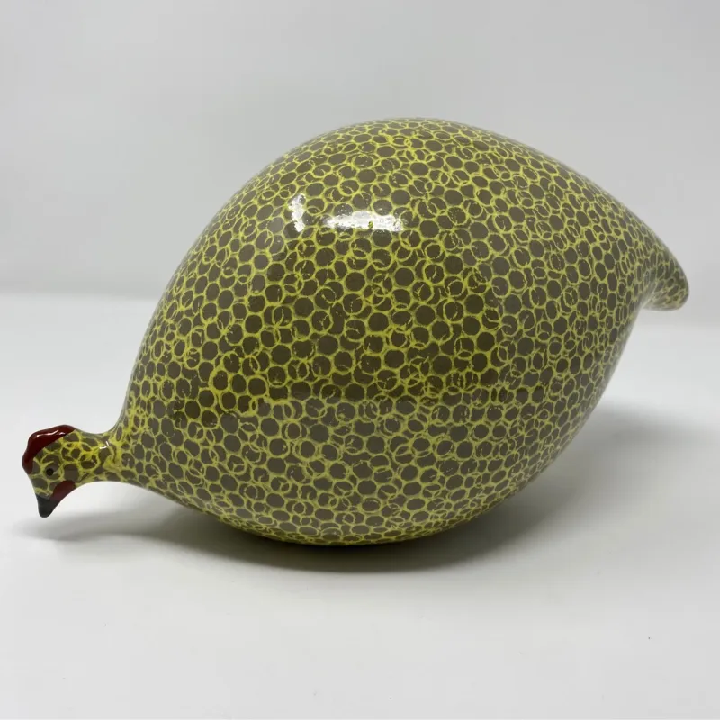 Handcrafted Guinea Fowl Green Spotted Yellow Looking Down LM