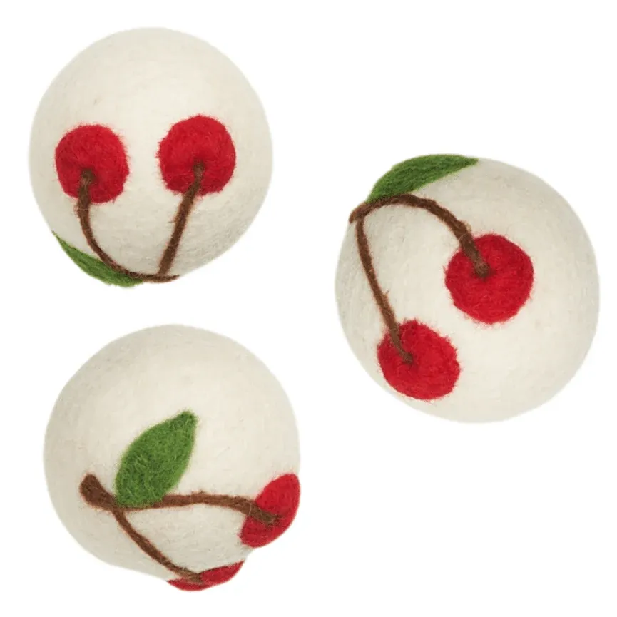 Set Of 3 Wool Laundry Dryer Balls Cherries In Red