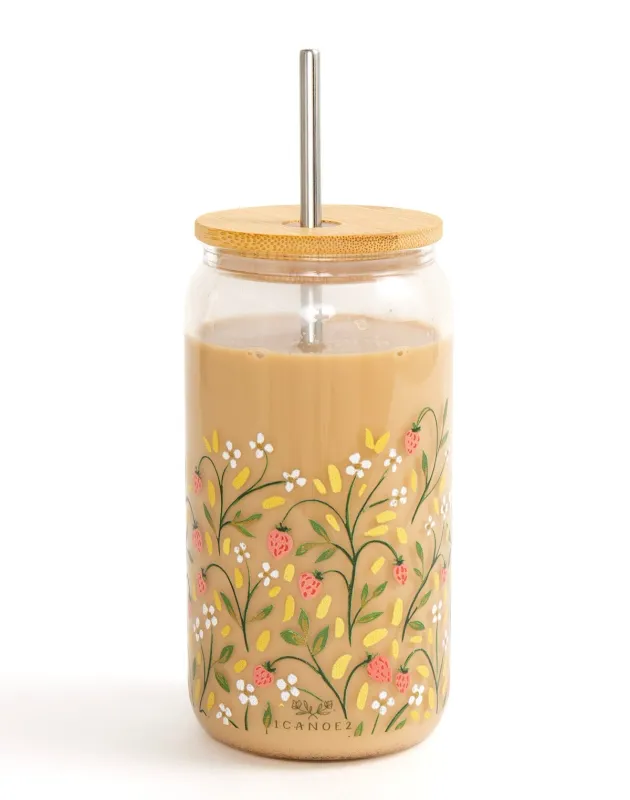 Glass Coffee Cup With Straw In Strawberry Meadow
