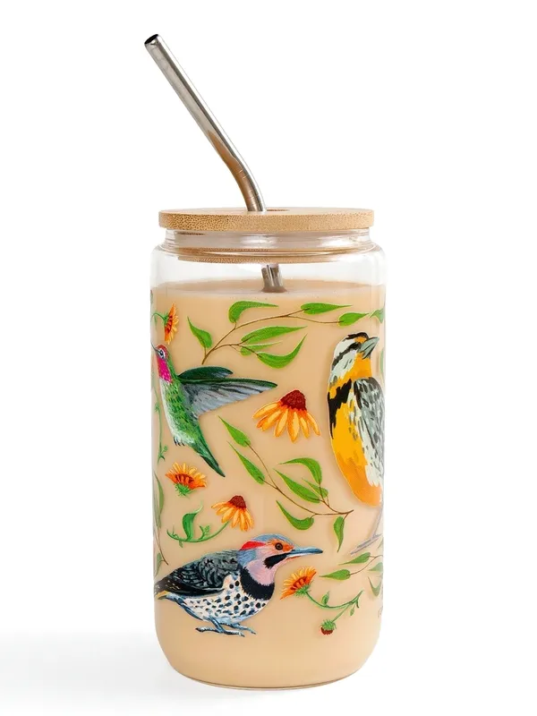Glass Coffee Cup With Straw In Feathered Friends