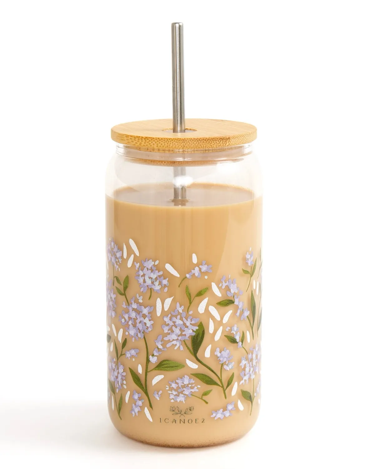 Glass Coffee Cup With Straw In Hydrangeas