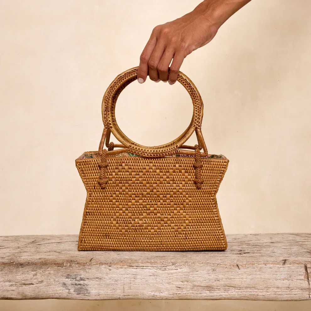 Handwoven Geometric Tote With Round Handles