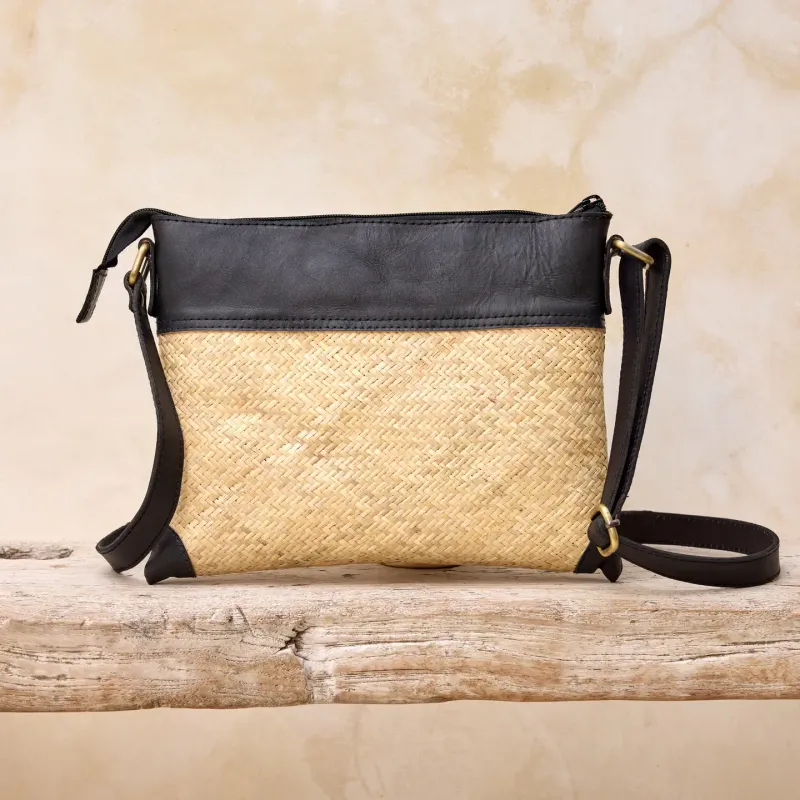 Handwoven Rattan Crossbody Bag With Dark Leather Trim