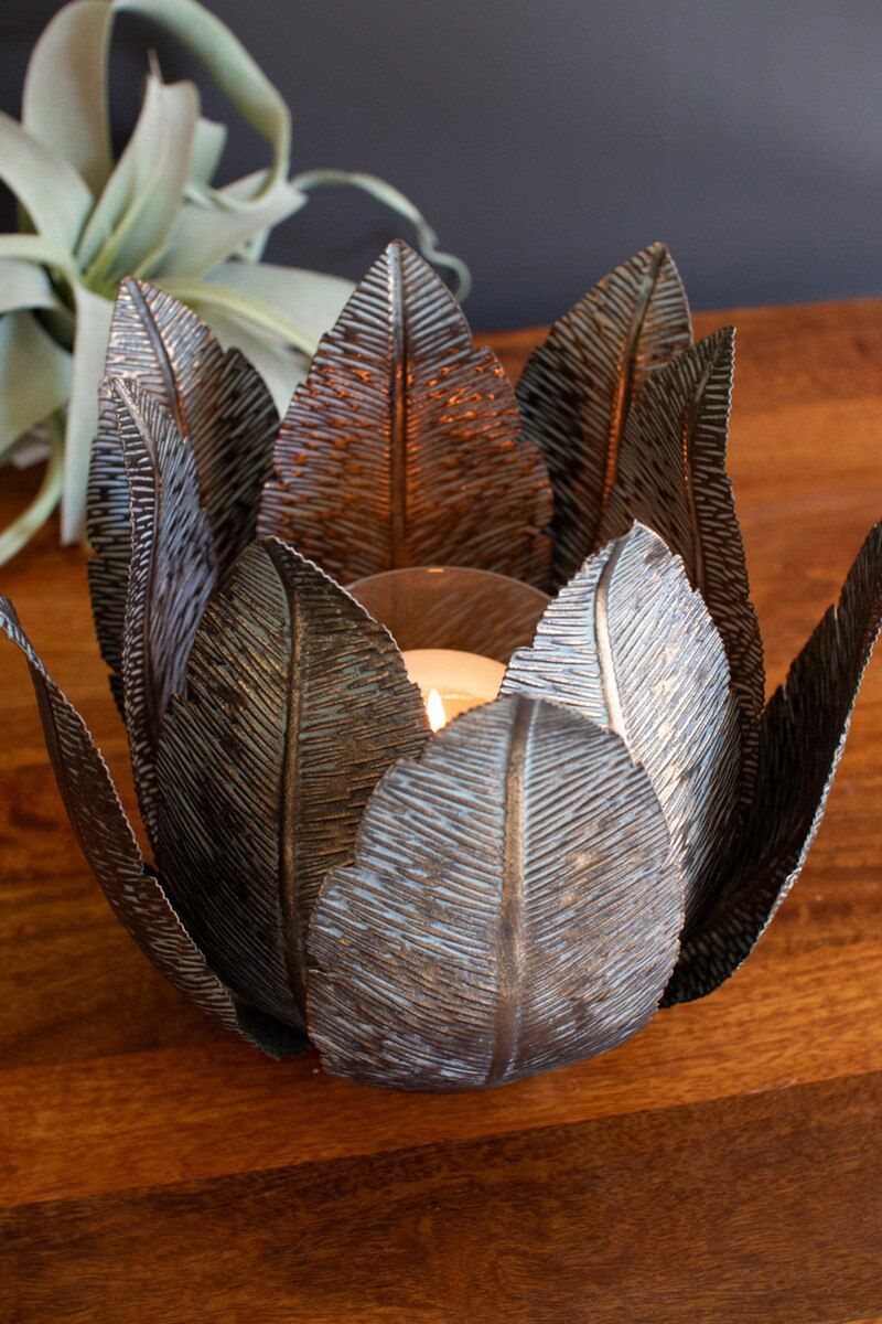 Antique Brass Metal Leaf Base Candle Holder With Glass Hurricane