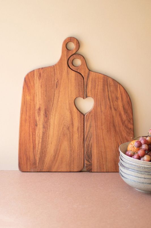 Set Of 2 Wooden Cutting Boards With Heart Cutout