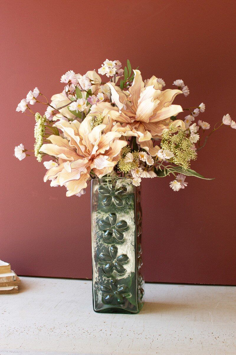Square Glass Vase With Embossed Flowers 16"