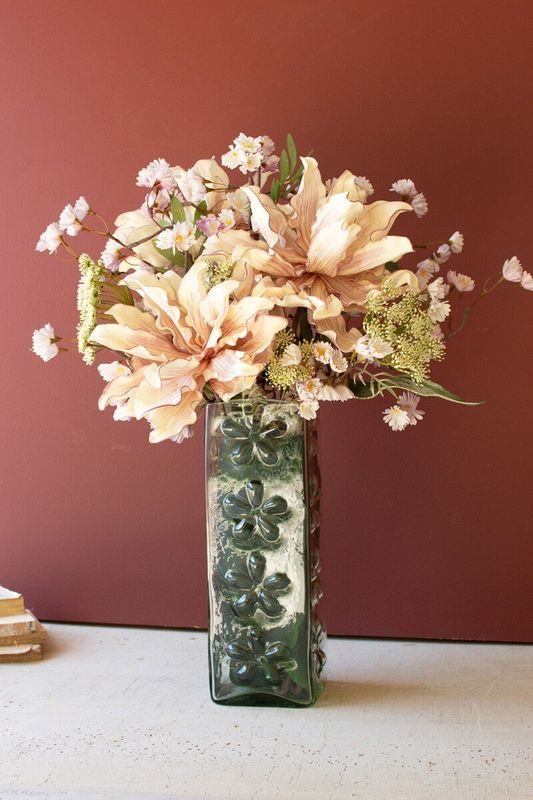 Square Glass Vase With Embossed Flowers 16"