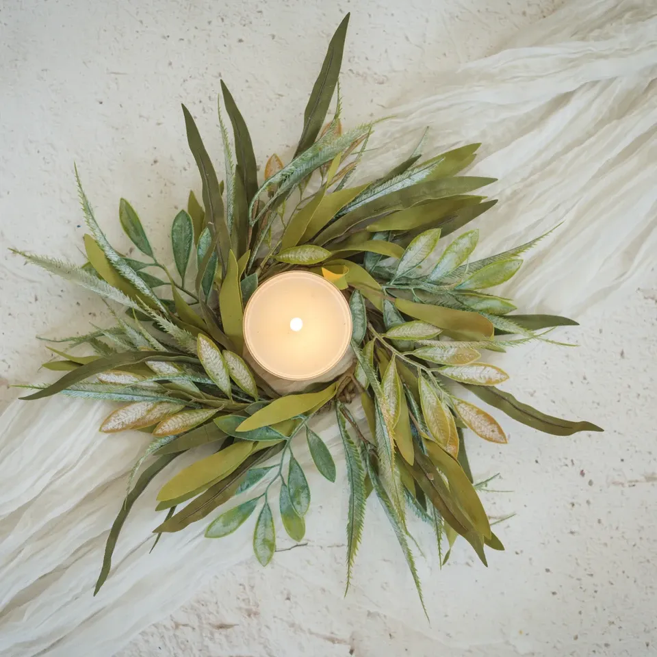 Green &amp; Yellow Mixed Leaf Candle Ring 14"