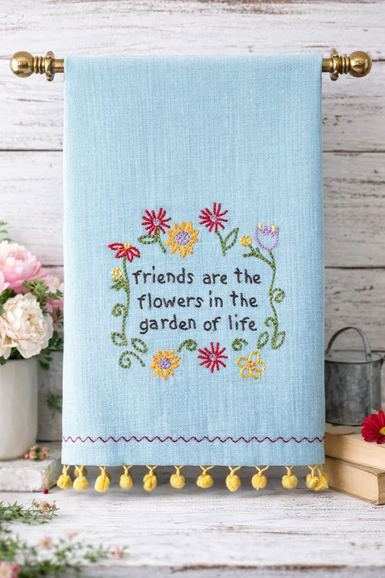 Embroidered Tea Towel 15" x 22.5" Friends Are The Flowers
