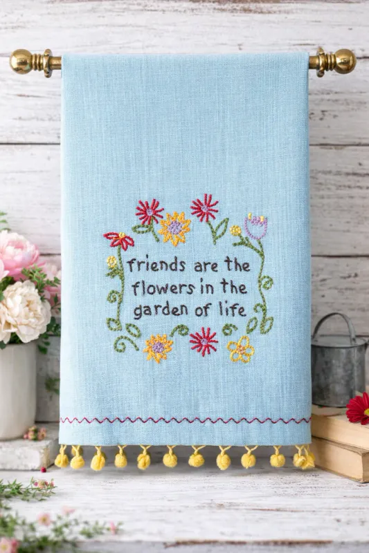 Embroidered Tea Towel 15" x 22.5" Friends Are The Flowers