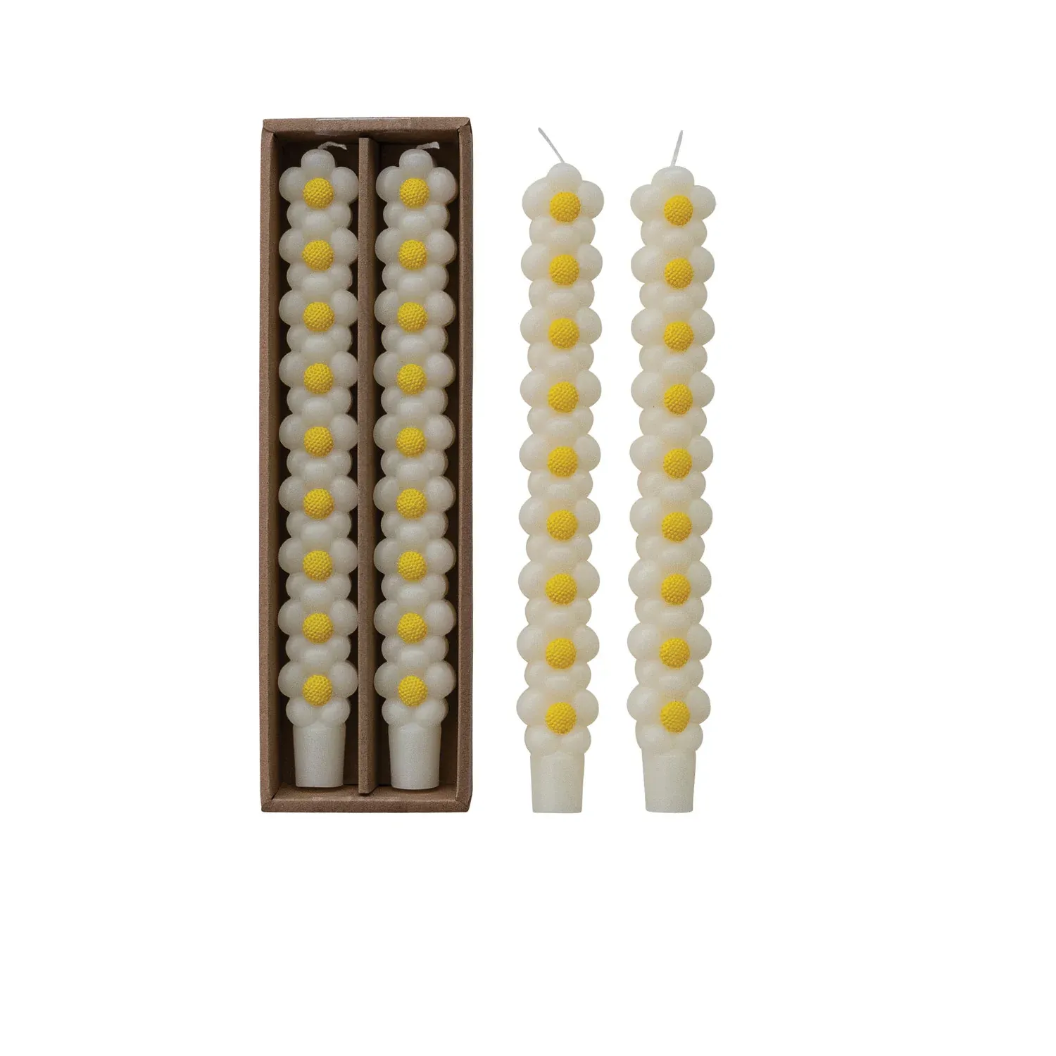 Set Of 2 Unscented Daisy Taper Candles 10"