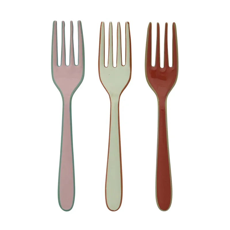 Enameled Stainless Steel Fork In Green &amp; Brown