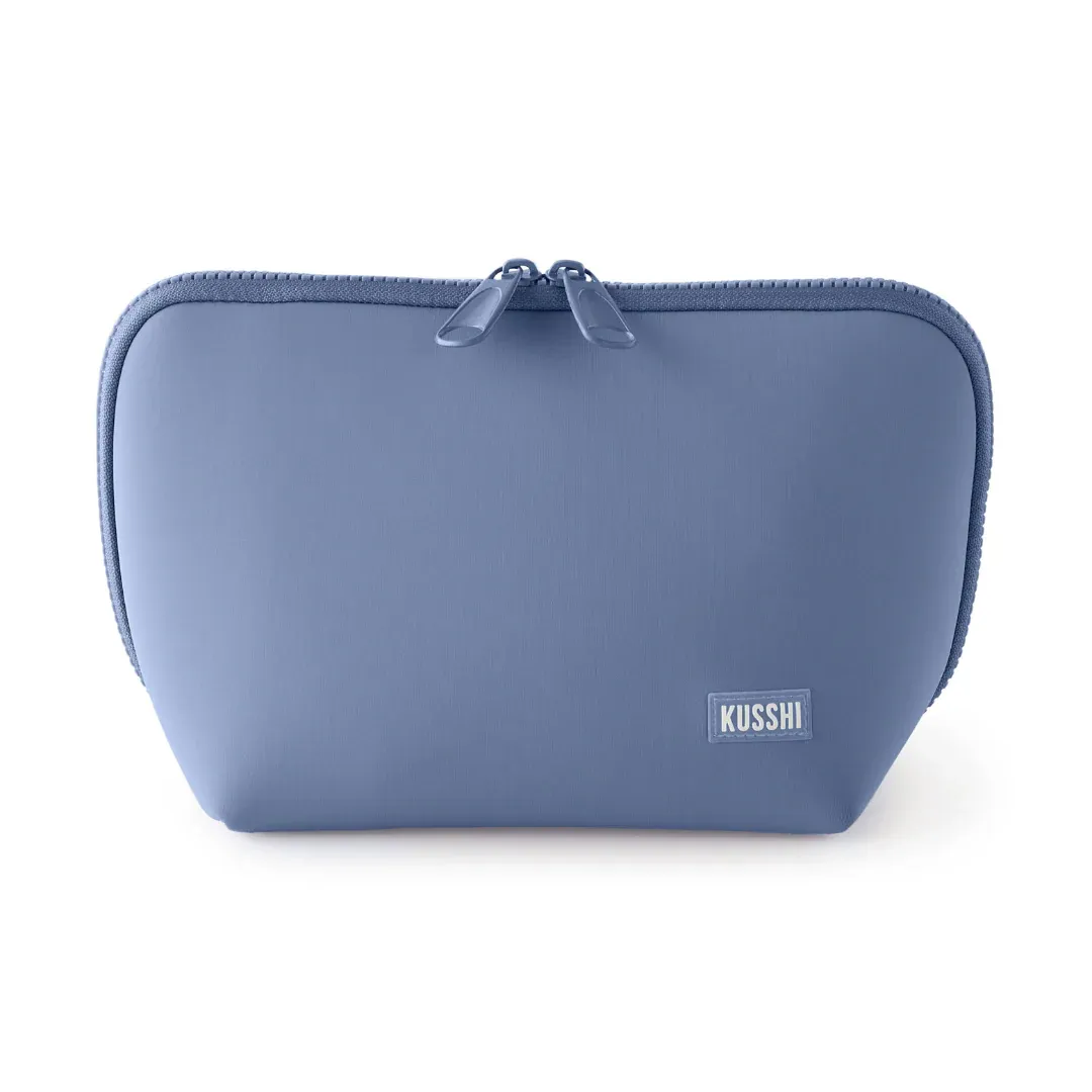 Neoprene Makeup Bag In Pearl Blue With Sand Pink Interior