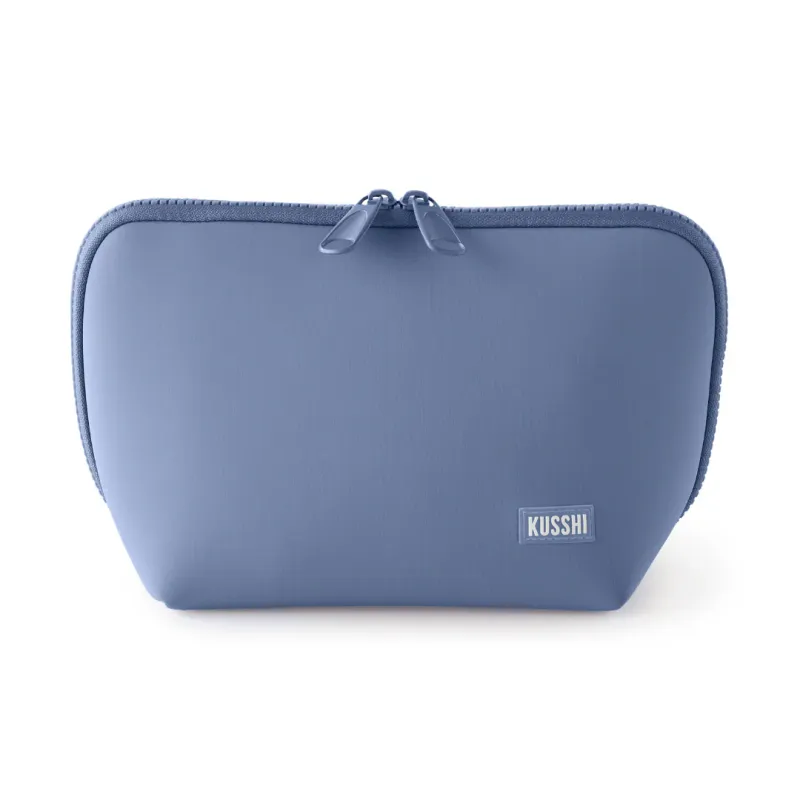 Neoprene Makeup Bag In Pearl Blue With Sand Pink Interior