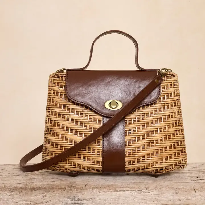 Handwoven Dark Brown Leather Strap Rattan Handbag And Crossbody 12" x 9" x 4.5"