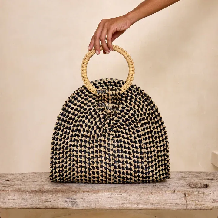 Handwoven Fold Over Palm Leaf Handbag With Round Handle 14" x 15" x 4.5"