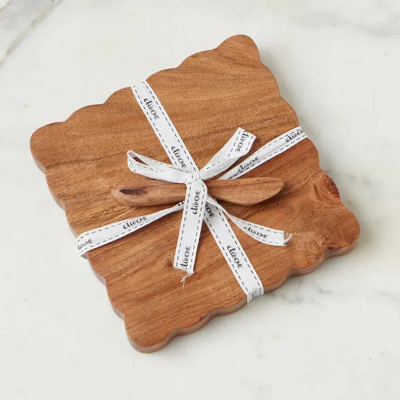 Square Scalloped Cheese Board With Spreader 8" x 8" In Natural