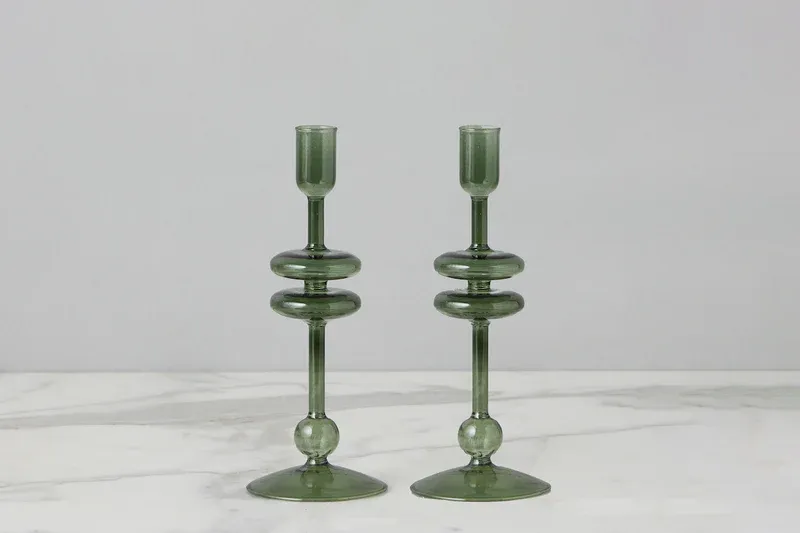 Glass Candlestick 9" In Emerald Green