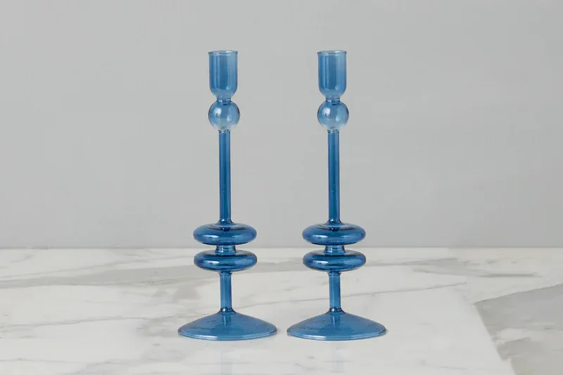 Glass Candlestick 10" In Sapphire Blue