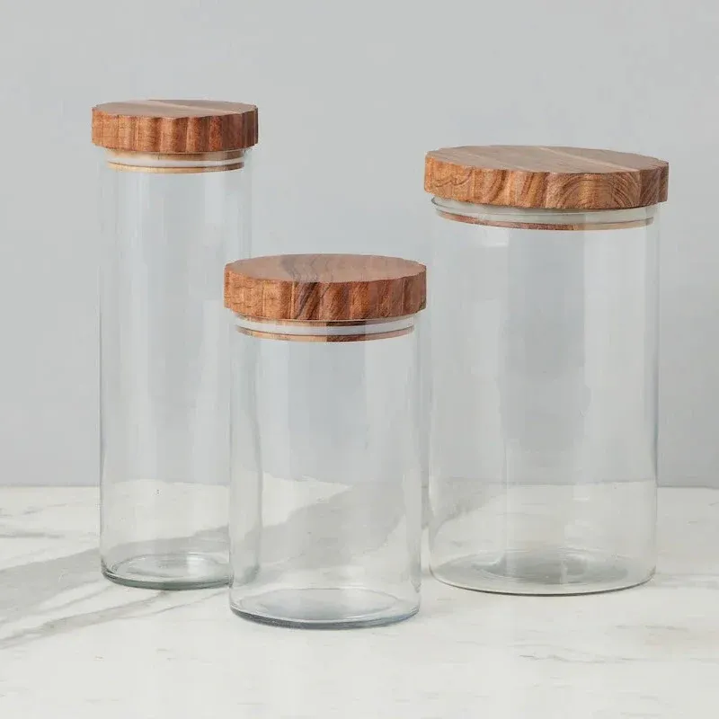 Glass Canister With Scalloped Wood Top Large