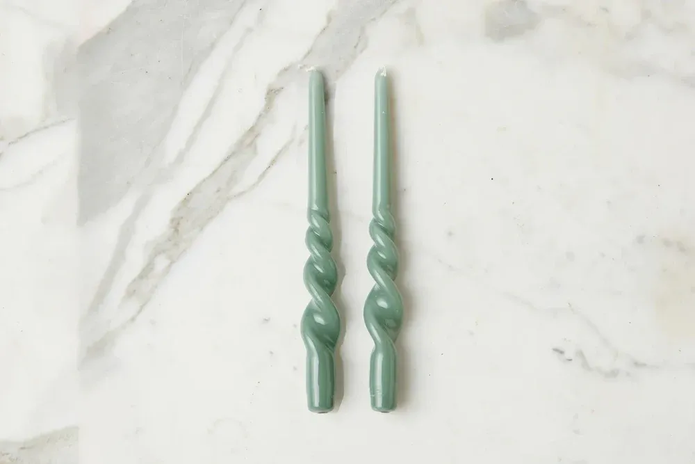 Set Of 2 Lacquered Twisted Taper Candles 11" In Sage