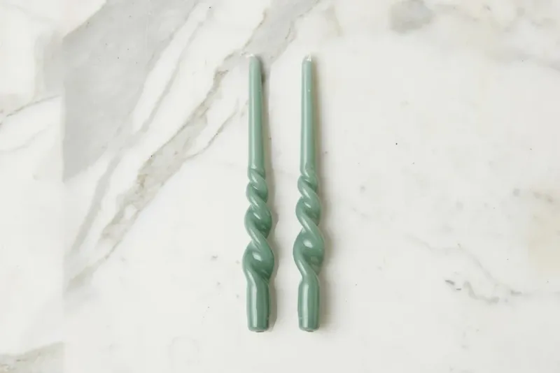 Set Of 2 Lacquered Twisted Taper Candles 11" In Sage