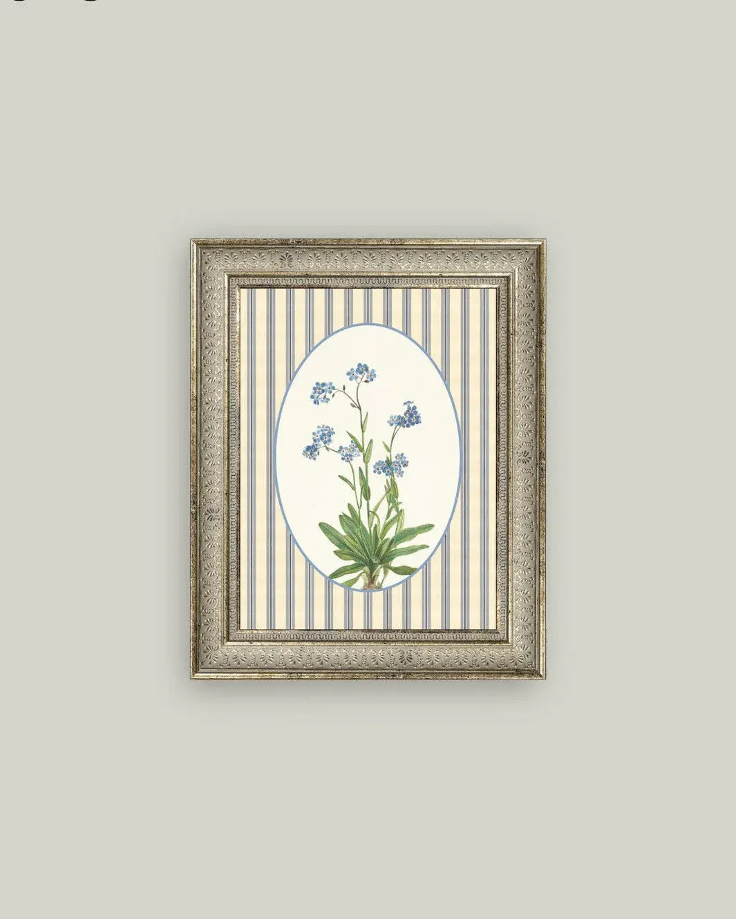Antique Art Framed Blue Blooms On Stripes 8" x 10"