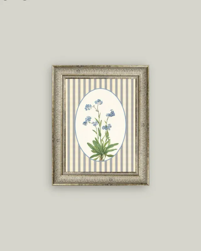 Antique Art Framed Blue Blooms On Stripes 8" x 10"