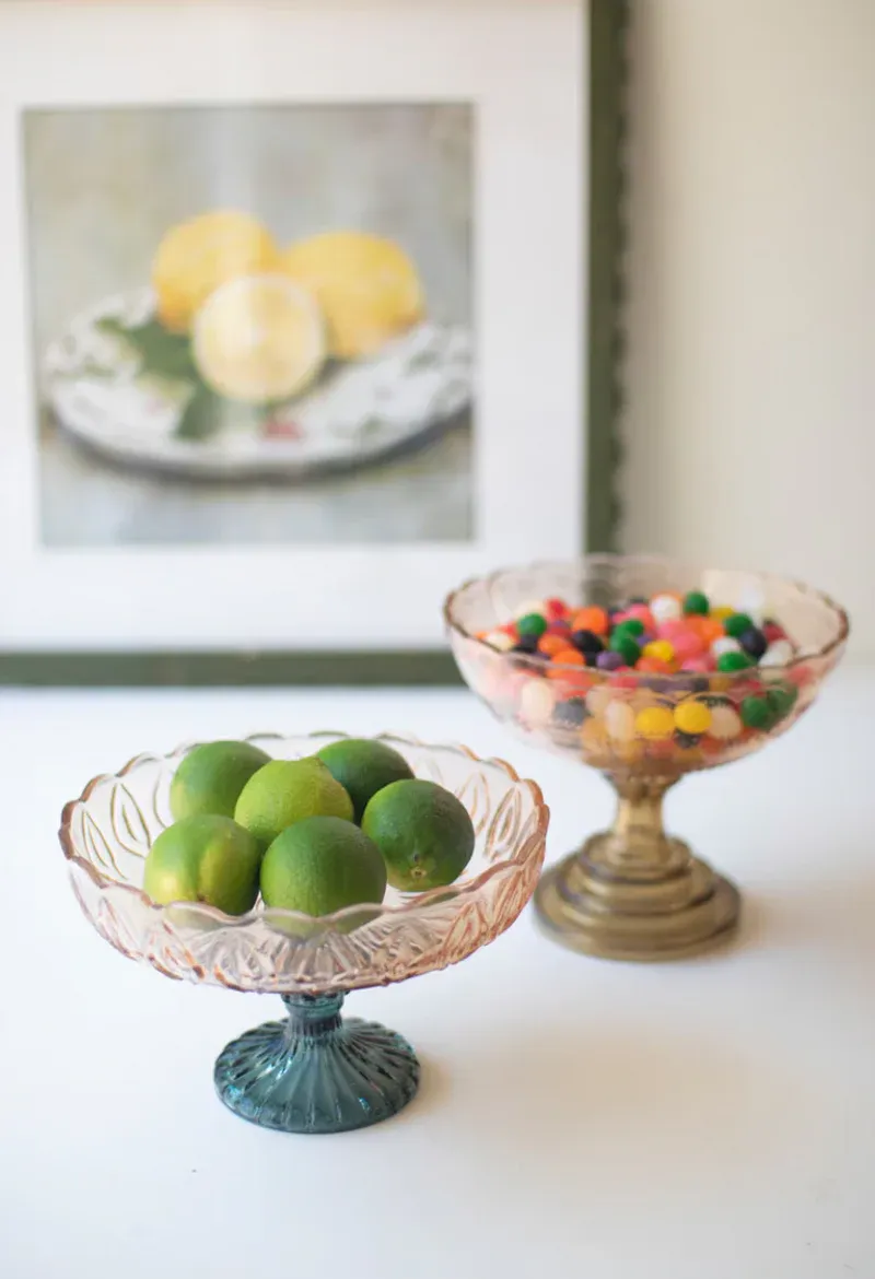 Glass Compote Pink Bowl With Gold Base 8"d x 5"t