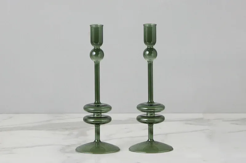 Glass Candlestick 10" In Emerald Green