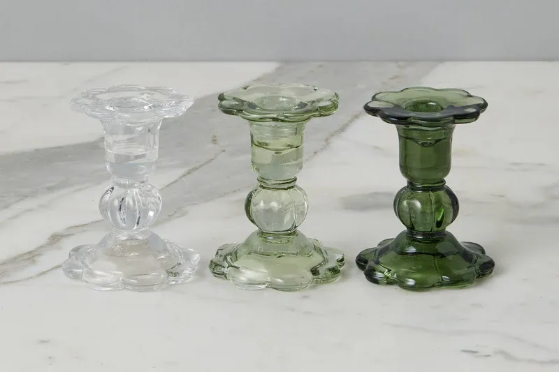 Glass Scalloped Candlestick 4" In Dark Green