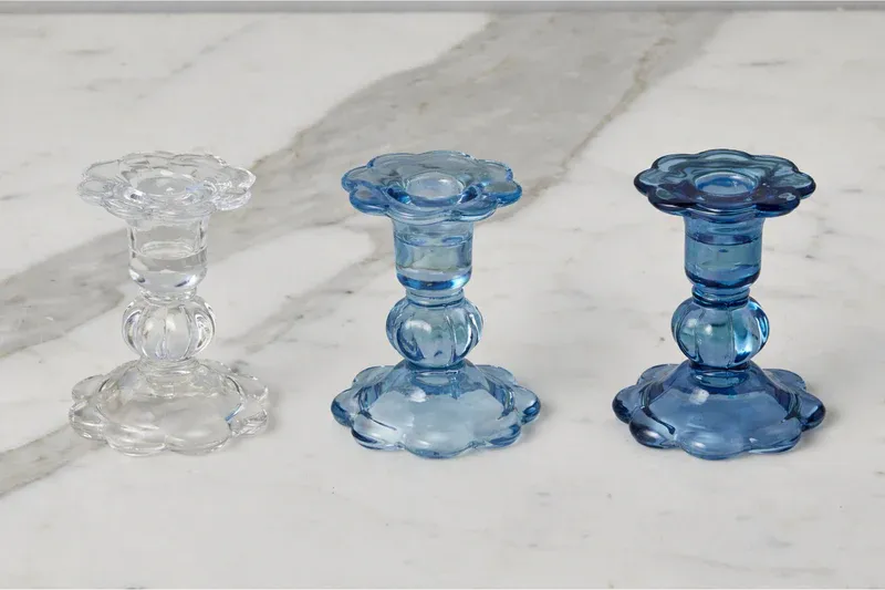 Glass Scalloped Candlestick 4" In Light Blue
