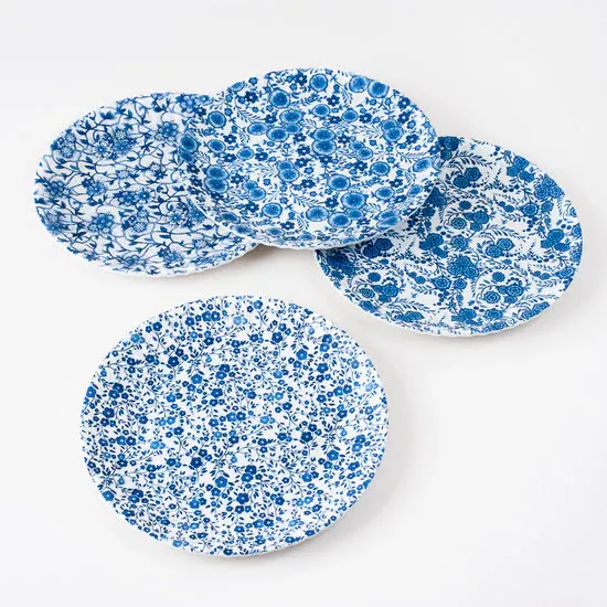 Set Of 4 Blue &amp; White Floral Paper Melamine Plates 9"