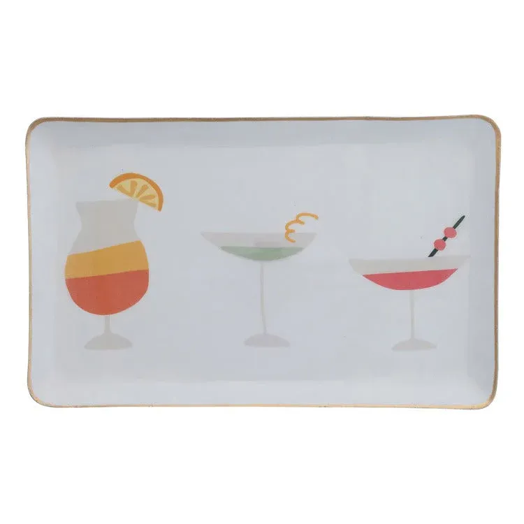 Enameled Metal Tray With Cocktails &amp; Gold Trim