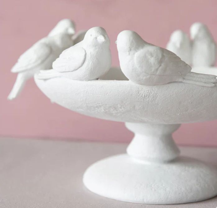 Decorative Bird Bath With Birds On Rim In White 15"L x 16-1/4" W x 8-3/4" H