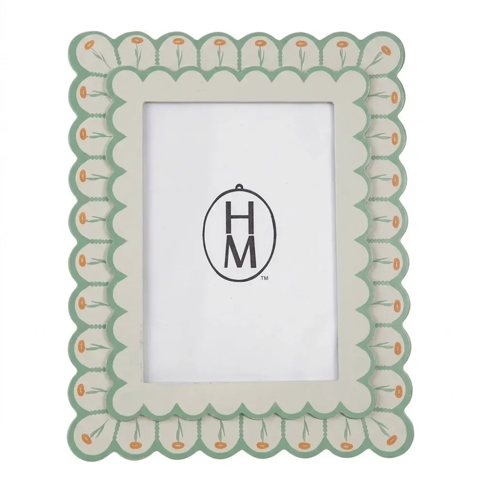 Scalloped Photo Frame Cream &amp; Green With Flowers